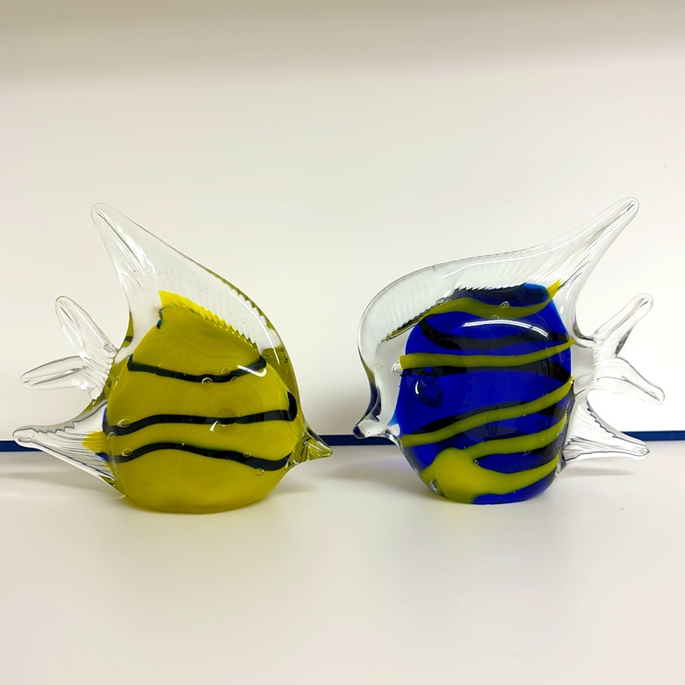 Vintage Set of 2 Hand Blown Glass Blue & Yellow Angel FISH Decor Art Paperweight
